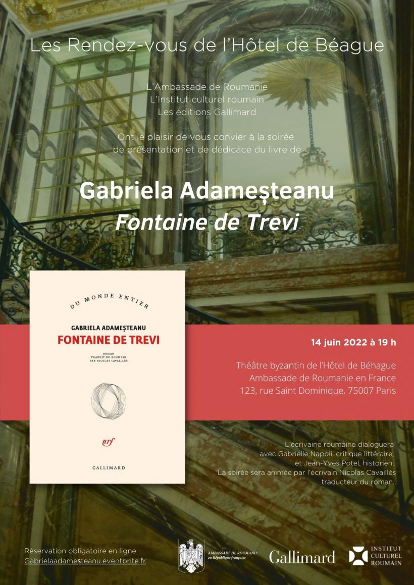 Gabriela Adameșteanu publică la editura Gallimard romanul Fontana di Trevi. ICR Paris organizează două evenimente, cu participarea autoarei.