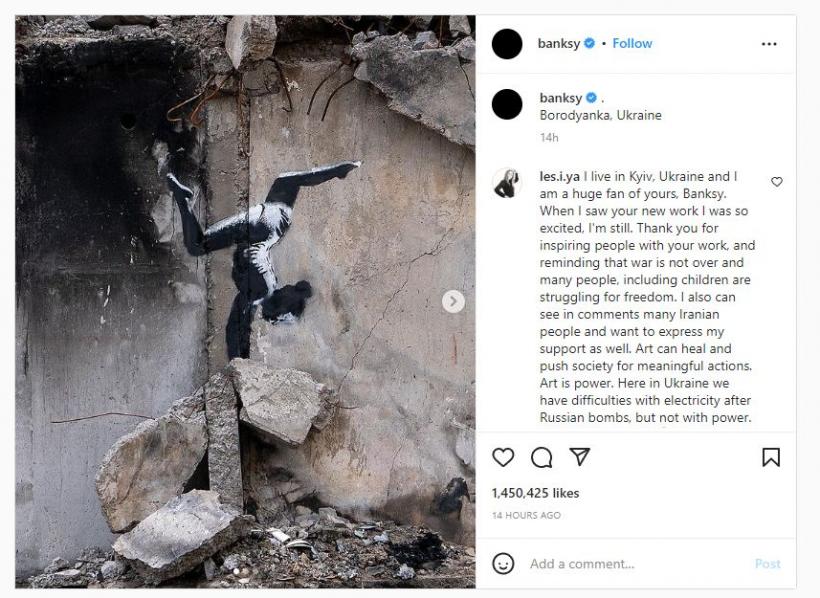 Renumitul artist de graffiti Banksy și-a dezvăluit ultima lucrare pe o clădire devastată din Ucraina
