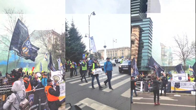 Sindicatul Europol: Protestăm la Ministerul Muncii pentru ca aplicarea integrală a legii salarizării să fie prevăzută în ordonanța de urgență privind măsurile fiscal bugetare. Protestatarii au blocat traficul rutier