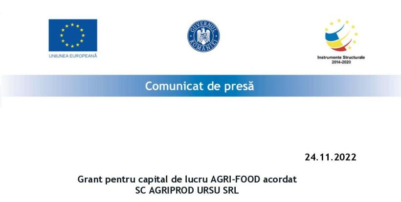 Grant pentru capital de lucru AGRI-FOOD acordat SC AGRIPROD URSU SRL 