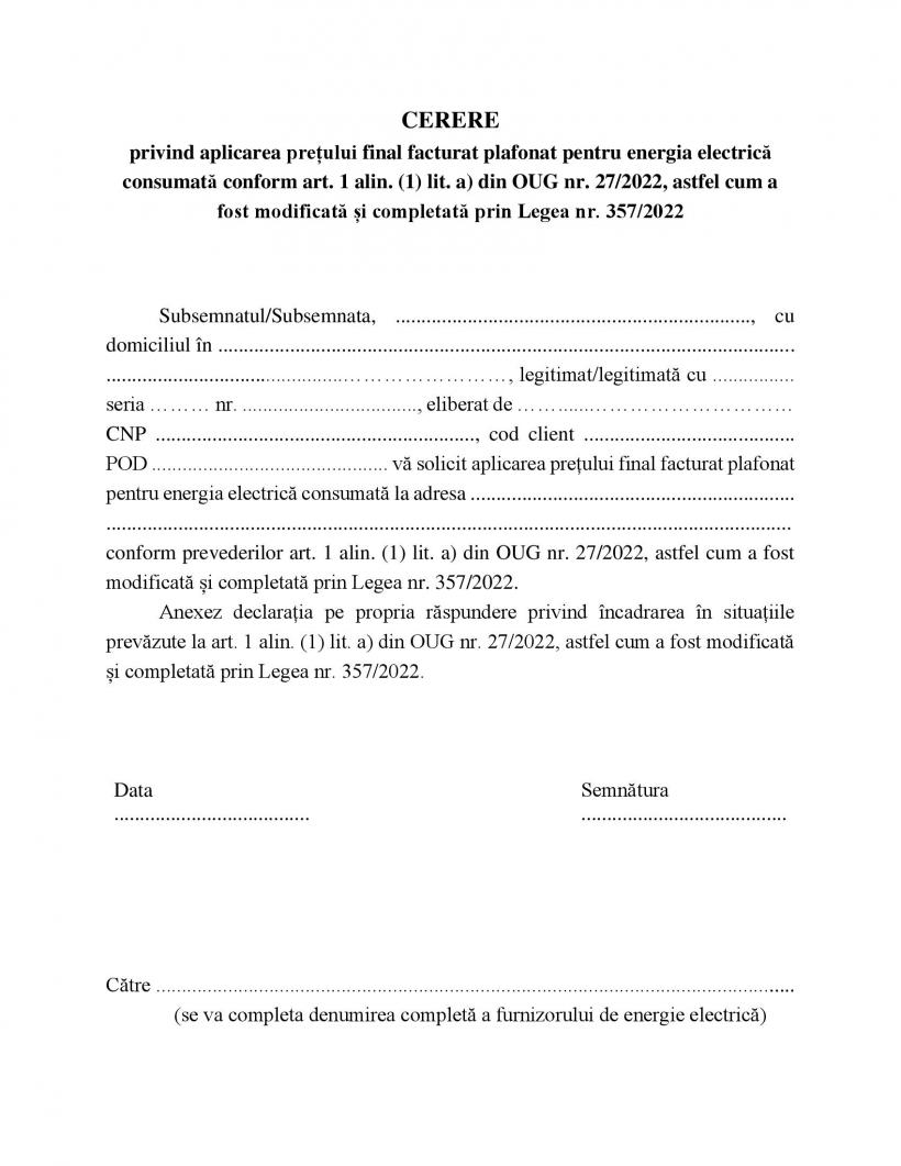 Preț plafonat la electricitate. Clienții casnici care trebuie să depună declarații la furnizor. MODEL documente 18815426