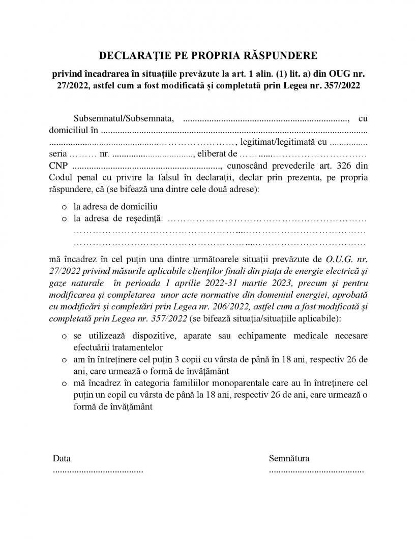 Preț plafonat la electricitate. Clienții casnici care trebuie să depună declarații la furnizor. MODEL documente 18815427