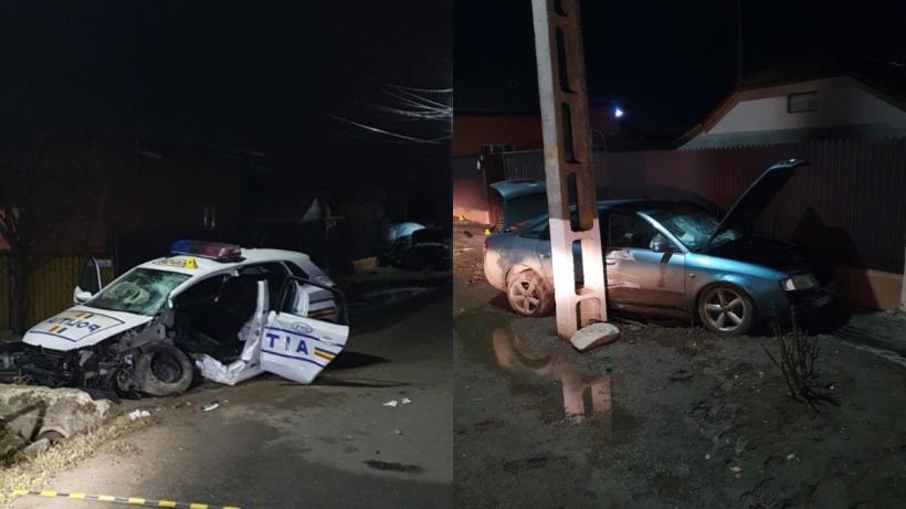 Accident grav în județul Buzău. O mașină de poliție implicată într-o urmărire a lovit un stâlp. Șoferul urmărit și un pieton au fost răniți