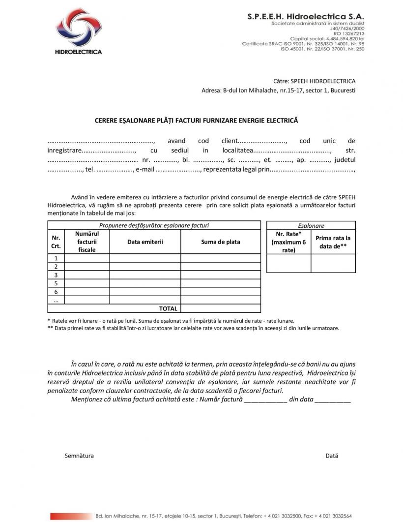 Vin facturile Hidroelectrica, din aprilie 2022! Iată modelul de cerere pentru plata în rate 18821737
