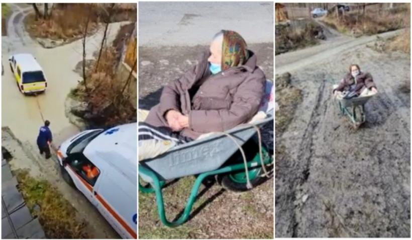 O femeie din Vâlcea a fost transportată cu roaba, după ce s-a inundat drumul. Are 85 de ani și un picior amputat