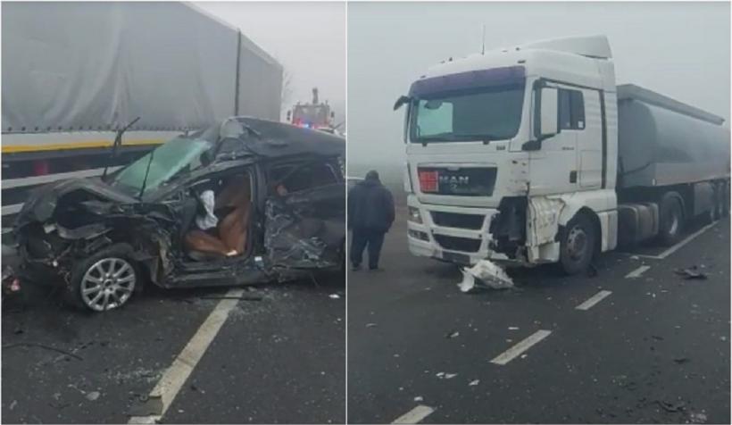 Accident în lanț, cu două autoturisme și trei TIR-uri 18830621
