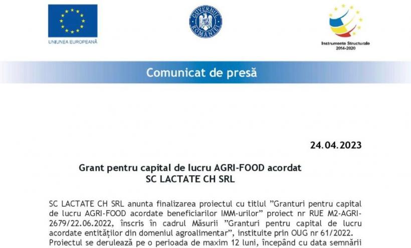 Grant pentru capital de lucru AGRI-FOOD acordat SC LACTATE CH SRL