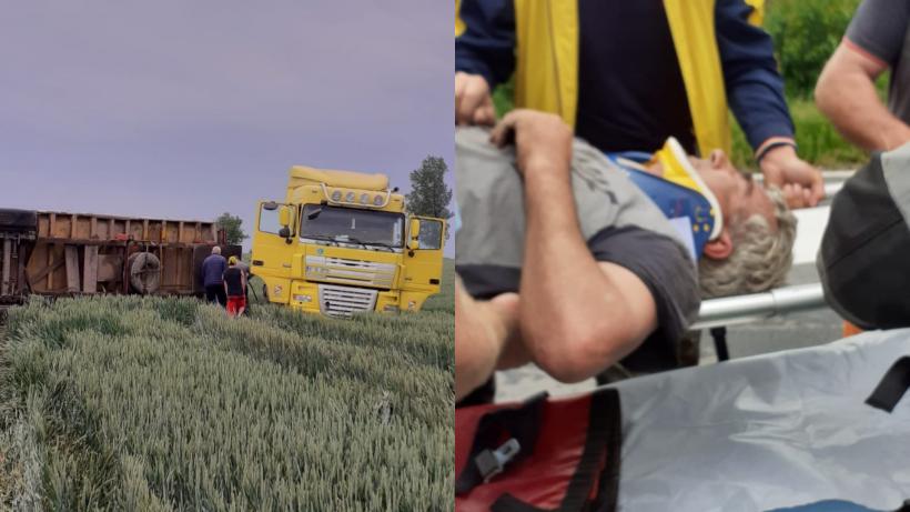 Accident pe DJ 201 B în Ialomița. Un autocamion cu remorcă, a derapat, iar remorca acestuia s-a răsturnat. O persoană a fost rănită 18840358