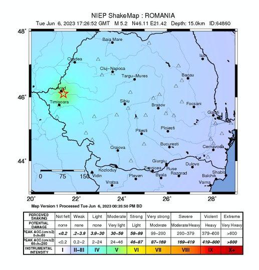 Cutremur cu magnitudinea locală 5,2 la Arad, în urmă cu câteva minute. Seismul s-a simțit puternic