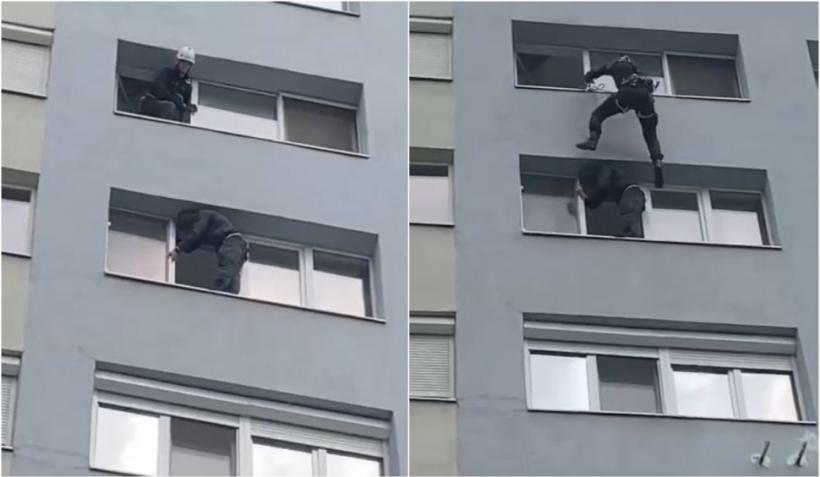 Plutonierul care amenința că se aruncă de la etajul 7, salvat ca în filme