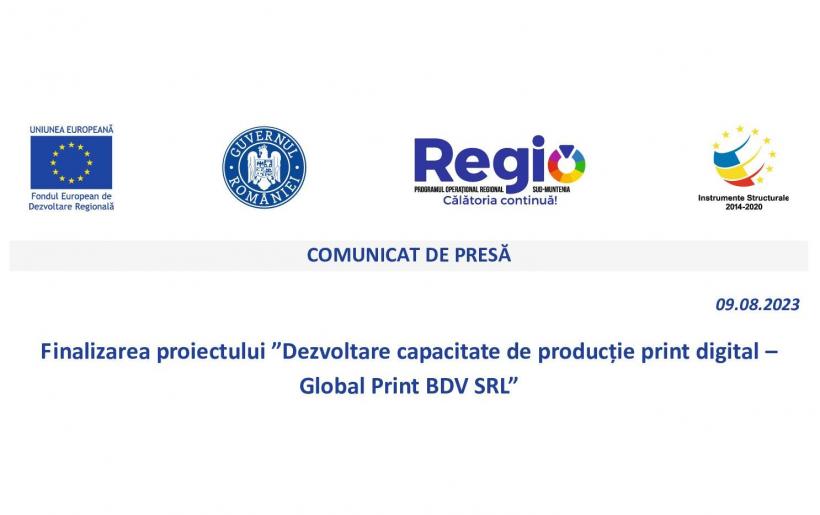 Finalizarea proiectului „Dezvoltare capacitate de producție print digital – Global Print BDV SRL”