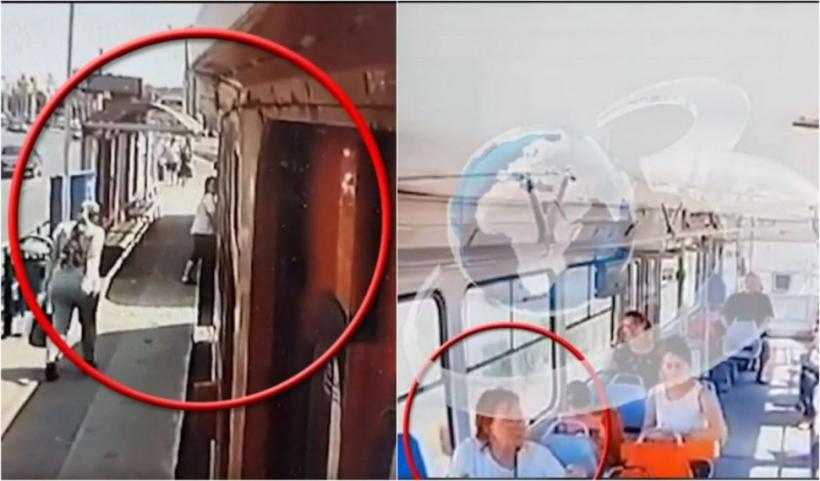 Momentul în care femeia din Arad este prinsă în uși și târâtă de tramvai. Mama îşi ţinea copilul aflat într-un scaun cu rotile 18854858