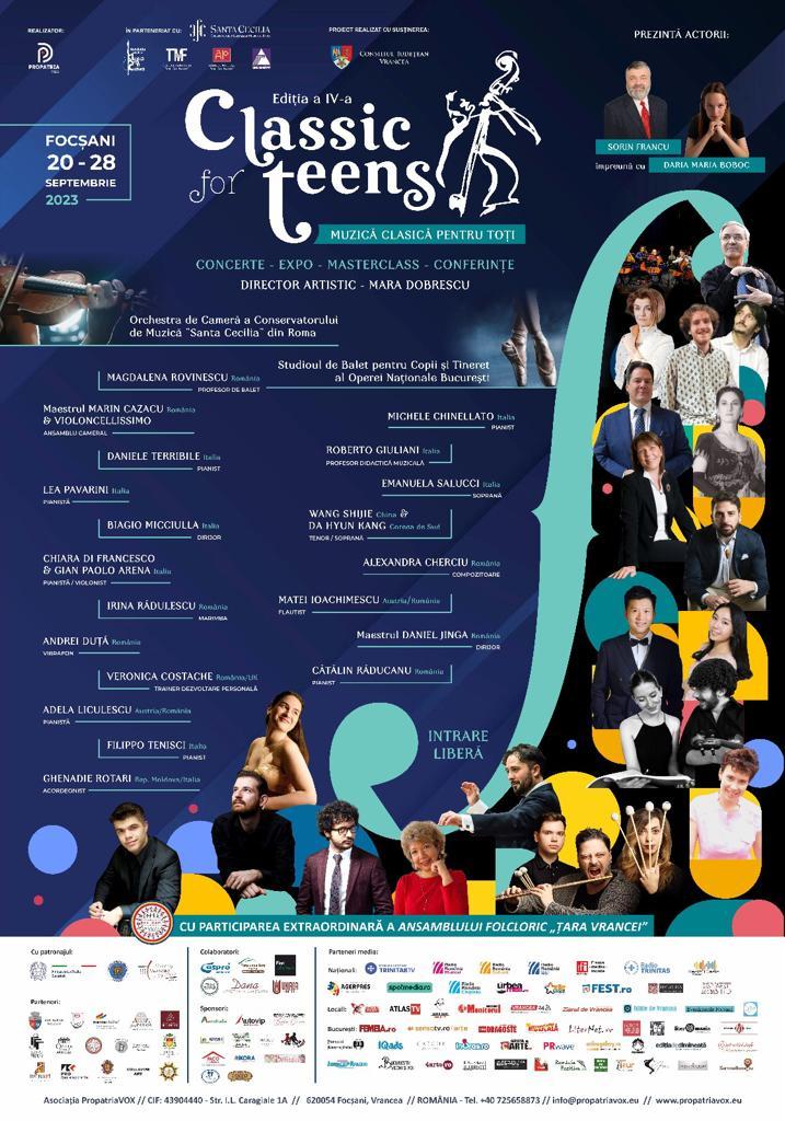 Mari tineri artiști, la Focșani. De la membrii ansamblului Violoncellissimo și pianistul Cătălin Răducanu, la Orchestra Academiei Santa Cecilia din Roma. Festivalul Classic for Teens revine cu ediția a IV-a, între 20 şi 28 Septembrie 2023