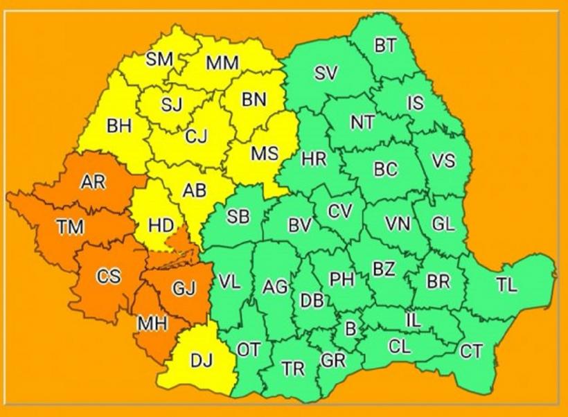 Cod portocaliu. Averse torențiale în sapte județe, până luni dimineață 18860731