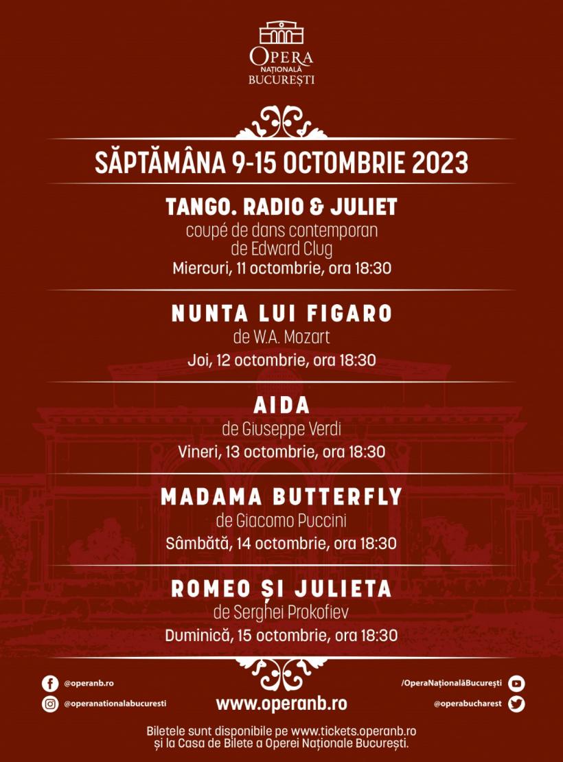„Tango. Radio &amp; Juliet”, „Nunta lui Figaro”, „Aida”, „Madama Butterfly” și „Romeo şi Julieta”, pe scena ONB 