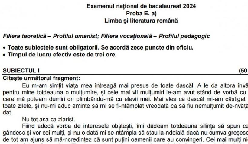 Model de subiect la Limba şi Literatura Română de la Bacalaureat 2024, sesiunea de vară 18868940