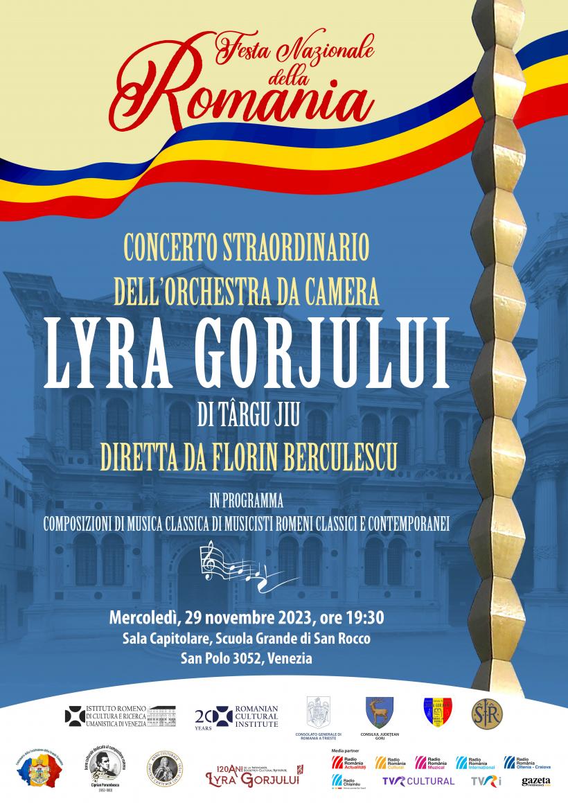 Concert extraordinar al Orchestrei de cameră “Lyra Gorjului” din Târgu Jiu prilejuit de celebrarea Zilei Naţionale a României, la Veneţia