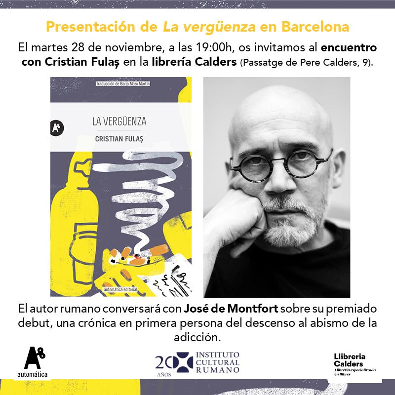 Scriitorul Cristian Fulaș lansează la Barcelona ediția spaniolă  a volumului Fâșii de rușine cu sprijinul ICR Madrid