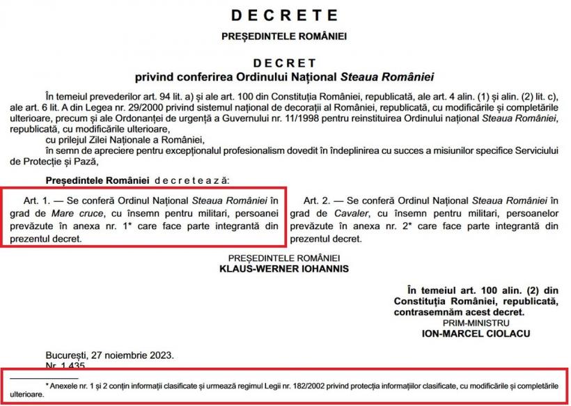 Klaus cel Ascuns. Președintele și-a decorat la secret SPP-iștii cu ordinul Steaua României. După costurile deplasărilor externe, și decorările și avansările în grad de 1 Decembrie făcute de președinte au caracter secret 18872599