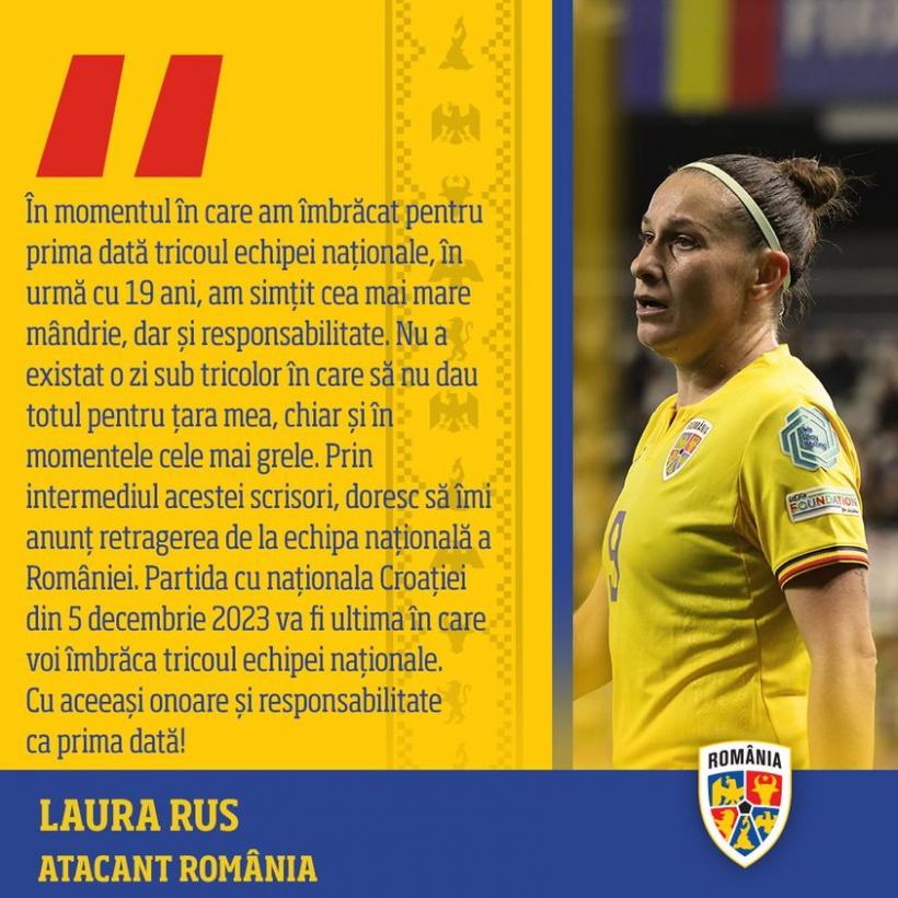 Laura Rus și-a anunțat retragerea de la naționala de fotbal feminin