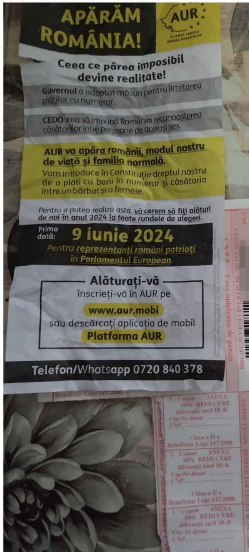 AUR a ”furat” startul campaniei electorale. Poșta Română a distribuit pensionarilor un flyer al partidului, lângă cuponul pe decembrie  