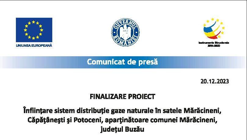 Finalizare proiect „Înființare sistem distribuție gaze naturale în satele Mărăcineni, Căpățânești și Potroceni, aparținătoare comunei Mărăcineni, județul Buzău”