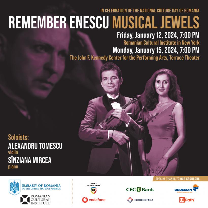 „Remember Enescu. Bijuterii muzicale” |  Alexandru Tomescu și Sînziana Mircea în recital extraordinar la ICR New York și Kennedy Center din Washington, D.C.  de Ziua Culturii Naționale