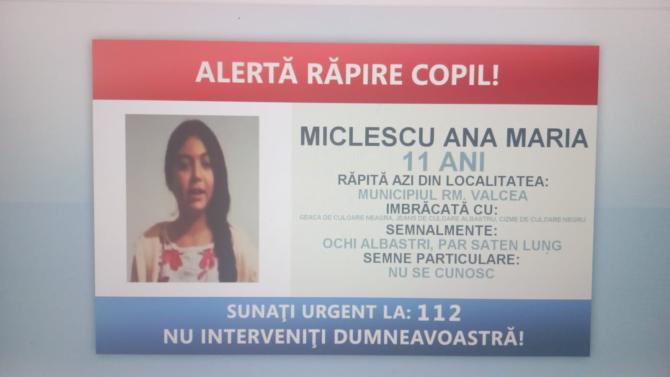 Fetița de 11 ani răpită din Râmnicu Vâlcea a fost găsită și adusă acasă