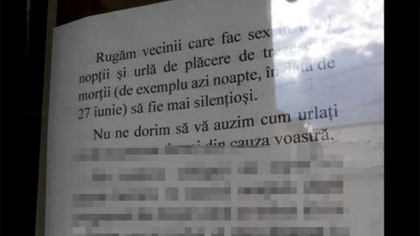 Afiș inedit într-un bloc din Cluj-Napoca: „Rugăm vecinii care fac sex în toiul nopții și urlă de plăcere..&quot;