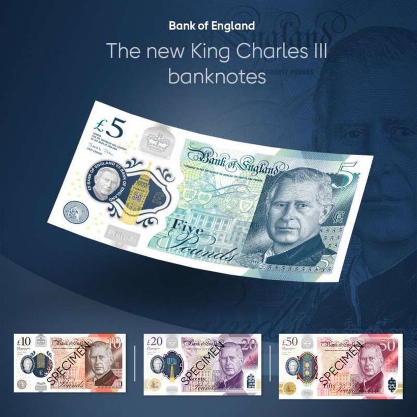 Portretul regelui Charles al III-lea va apărea pe bancnote din Regatul Unit începând din luna iunie