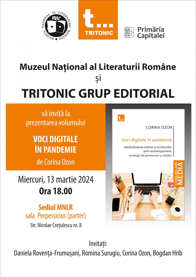 Lansarea volumului Voci digitale în pandemie, de Corina Ozon, la Muzeul Național al Literaturii Române