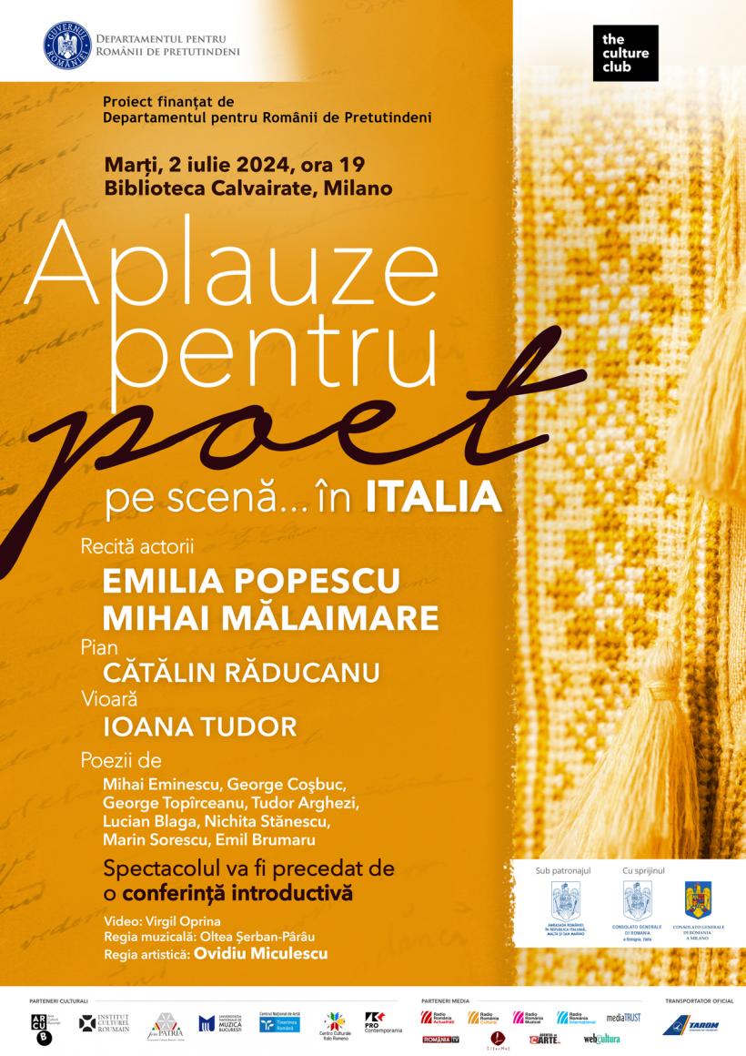 Pe 2 iulie, la Milano, Aplauze pentru poet pe scenă… în Italia, un spectacol cu actorii Emilia Popescu și Mihai Mălaimare