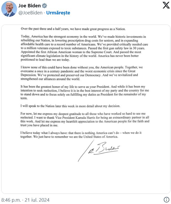 Joe Biden s-a retras din funcția de candidat al democraților pentru viitoarele alegeri  18908829