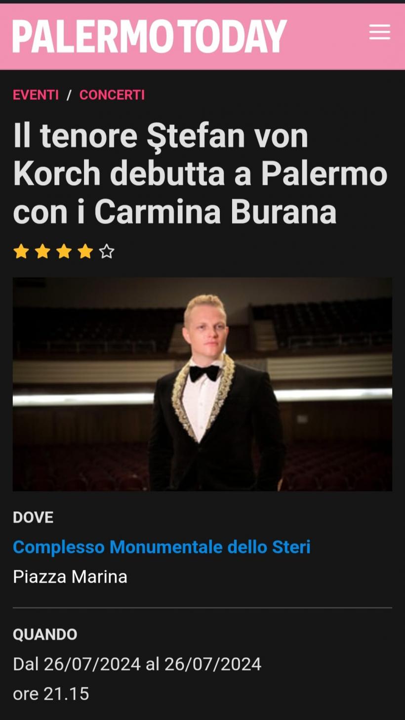 Debut de succes în Carmina Burana la Palermo Classica pentru tenorul Ştefan von Korch 18911140