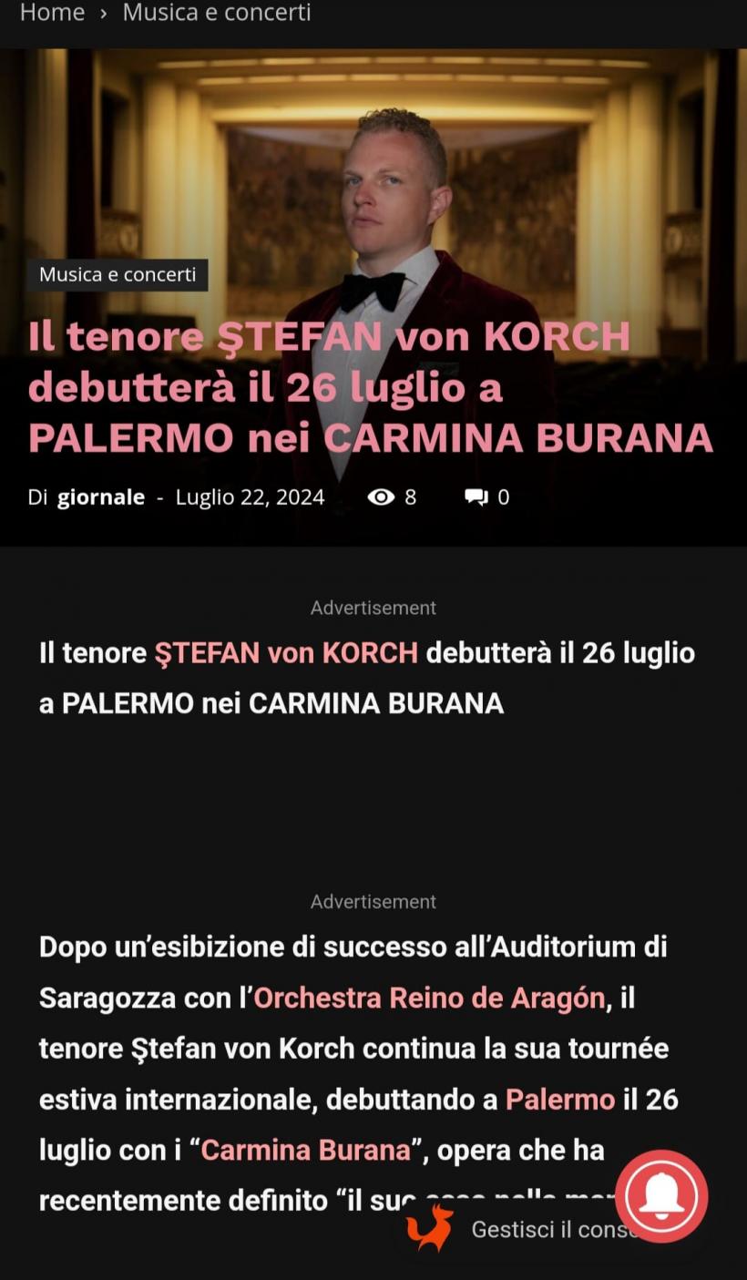 Debut de succes în Carmina Burana la Palermo Classica pentru tenorul Ştefan von Korch 18911141