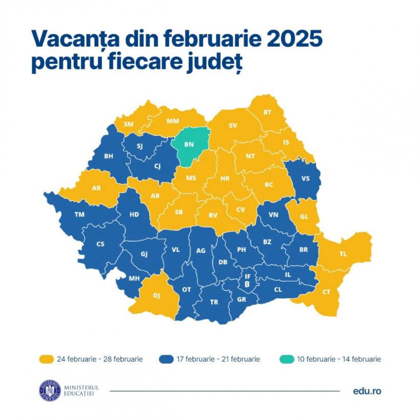 Vacanța elevilor din februarie 2025 pentru fiecare județ