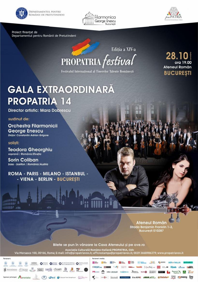 Festivalul Internațional ProPatria -  Tinere Talente Românești - 14 își încheie călătoria la Ateneul Român cu un concert de gală susținut de soprana Teodora Gheorghiu și bas-baritonul Sorin Coliban