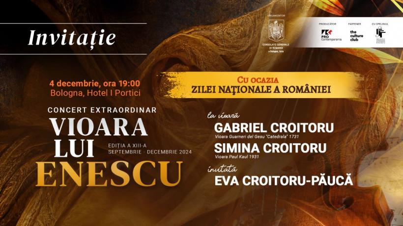 Gabriel și Simina Croitoru în turneul Vioara lui Enescu, la Bologna, pe 4 decembrie, într-un concert de Ziua Naţională a României