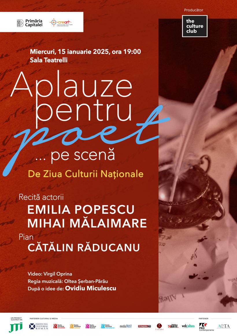 Emilia Popescu și Mihai Mălaimare, cu Aplauze pentru poet... pe scenă, la Teatrelli, de Ziua Culturii Naționale