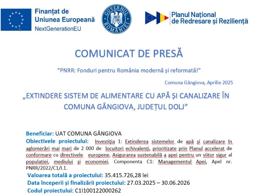 COMUNICAT DE PRESĂ: “PNRR: Fonduri pentru România modernă și reformată!” Comuna Gângiova, Aprilie 2025