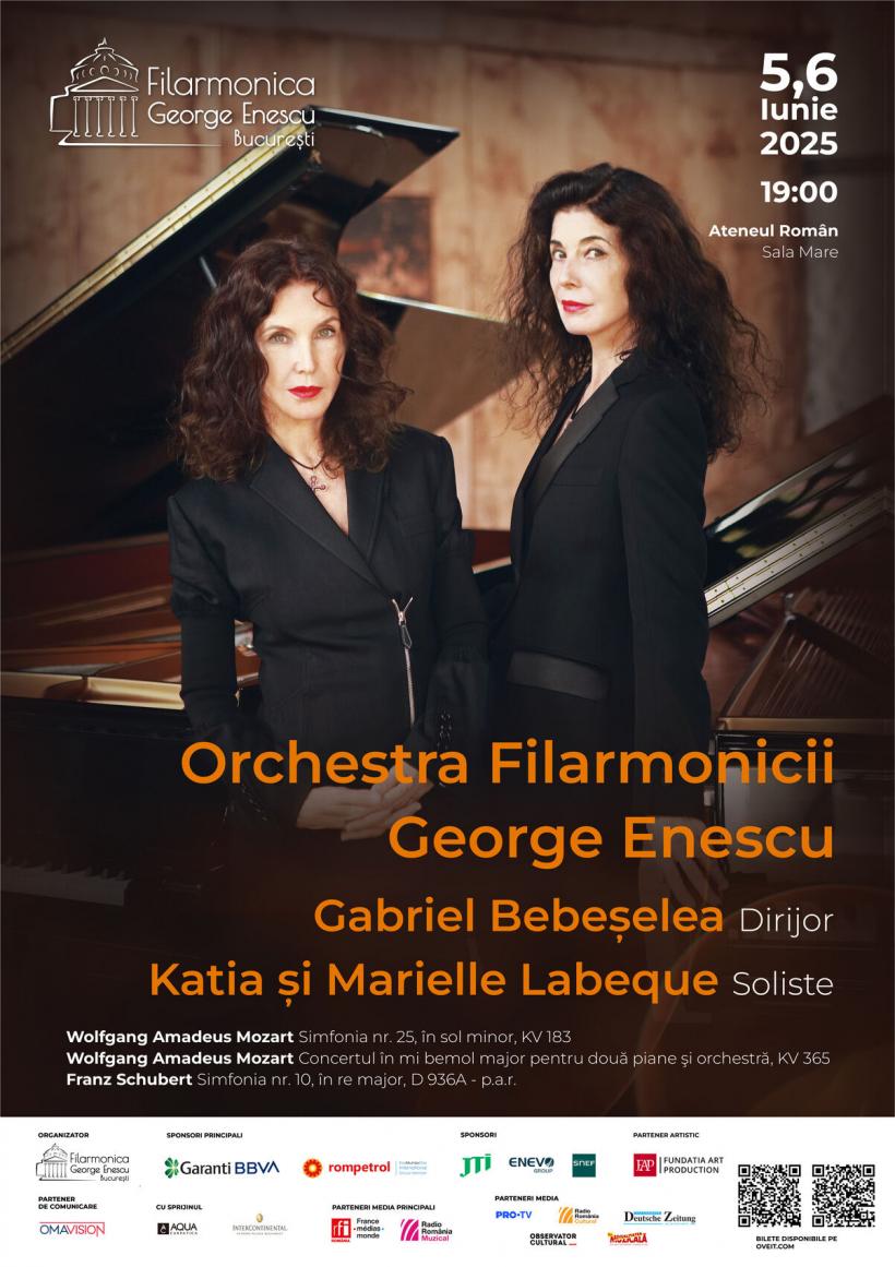 Concertul pentru două piane de Mozart în interpretarea legendarului duo pianistic Katia și Marielle Labèque, sub bagheta dirijorului Gabriel Bebeșelea, pe 5 și 6 iunie, la Ateneul Român 18957069