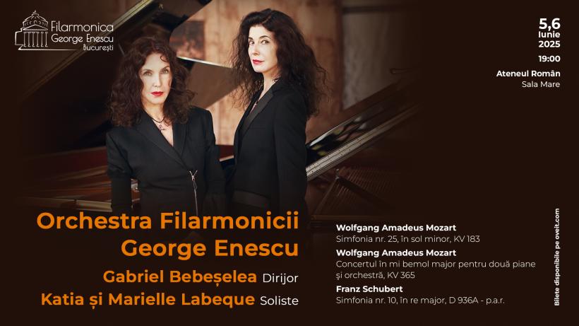 Concertul pentru două piane de Mozart în interpretarea legendarului duo pianistic Katia și Marielle Labèque, sub bagheta dirijorului Gabriel Bebeșelea, pe 5 și 6 iunie, la Ateneul Român 18957070