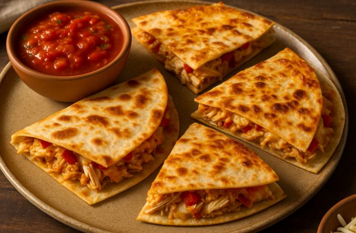 Rețetă mexicană: quesadillas cu pui, legume și brânză aurie la cuptor