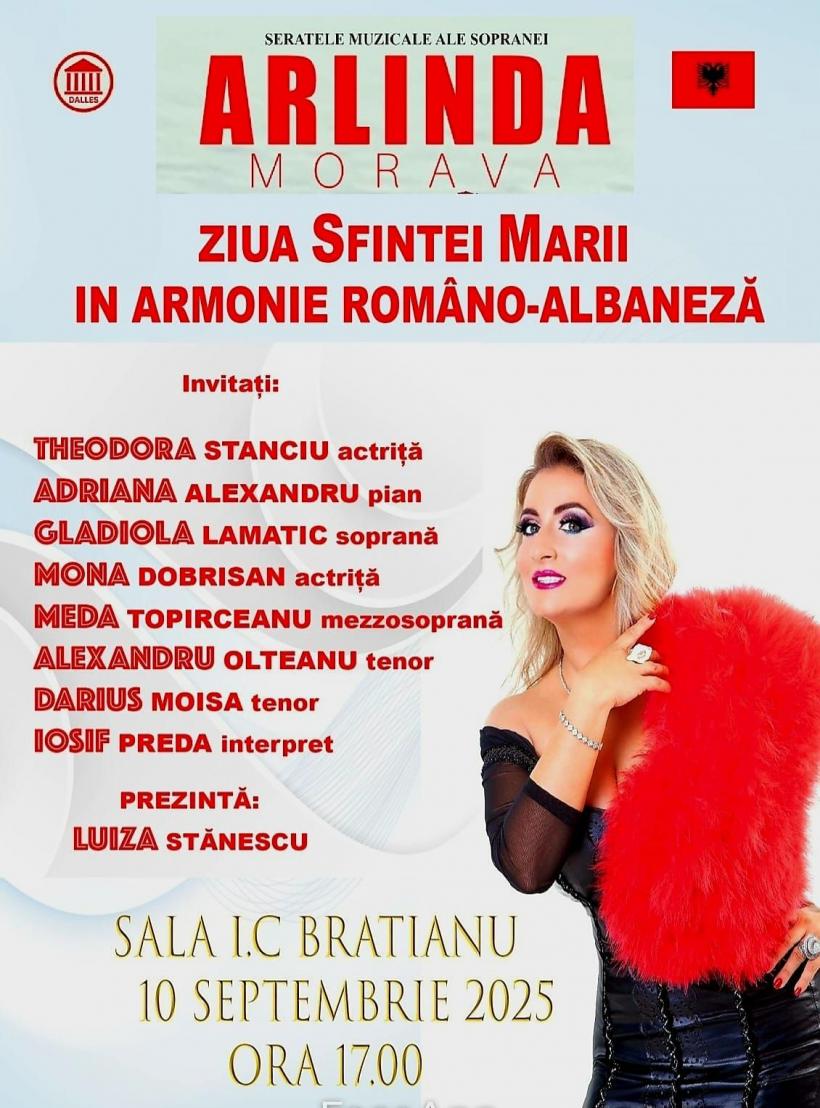 „Sfânta Maria în Armonie Româno-Albaneze” – Concert extraordinar al sopranei Arlinda Morava pe 10 septembrie la Sala I. C. Brătianu