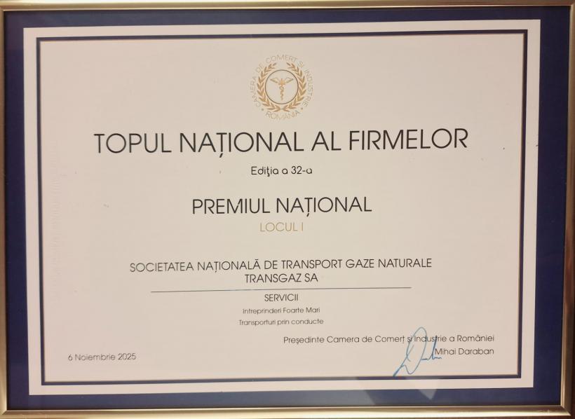 Compania TRANSGAZ a fost distinsă cu Premiul Național – Locul I în cadrul Topului Național al Firmelor 2025