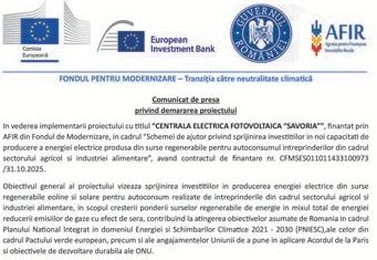 Comunicat de presa privind demararea proiectului cu titlul “CENTRALA ELECTRICA FOTOVOLTAICA “SAVORIA”