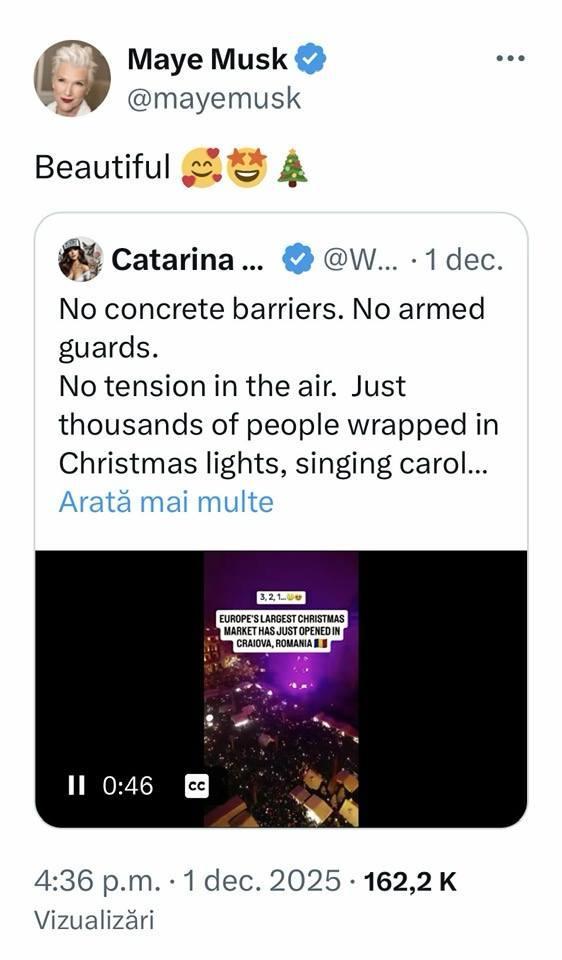 Mama lui Elon Musk, impresionată de atmosfera de sărbătoare dintr-un oraș al României 18983896