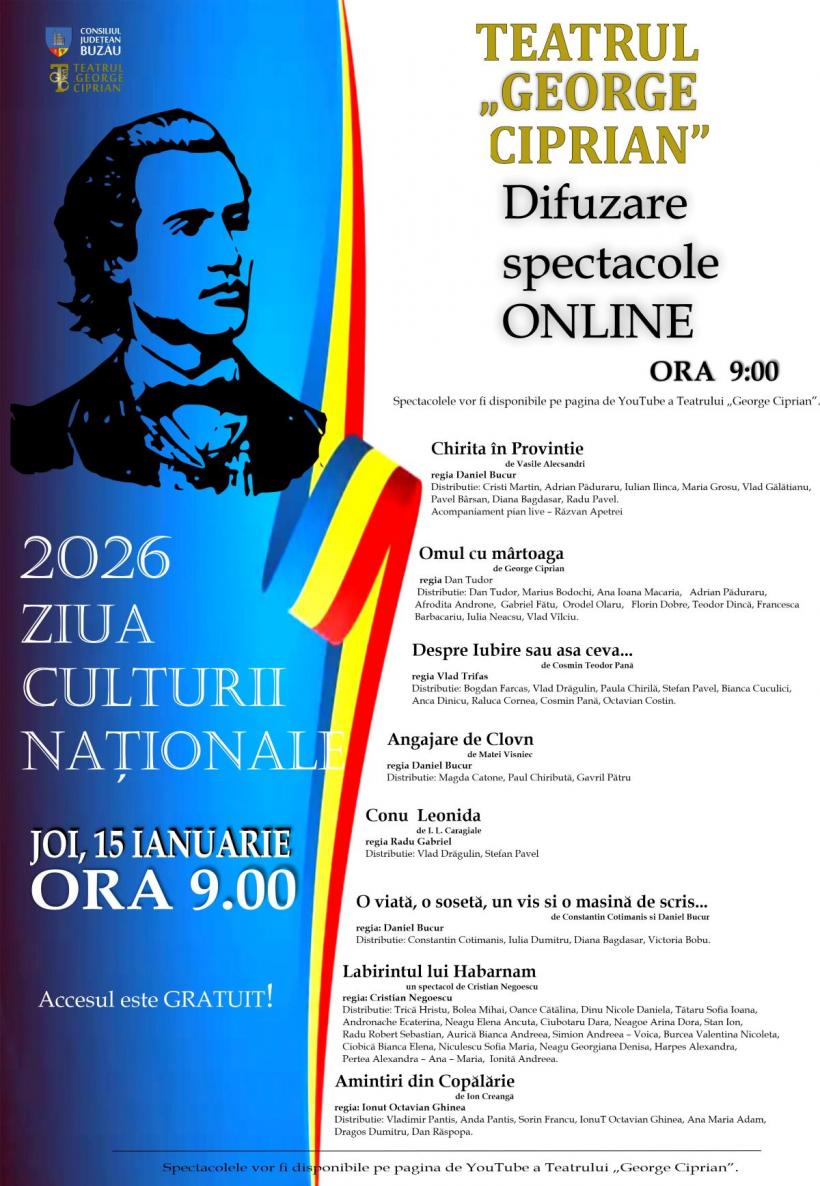 Ziua Culturii Naționale este marcată de Teatrul „George Ciprian” din Buzău cu un dublu eveniment GRATUIT – recital de muzică și poezie și spectacole ONLINE 18989870