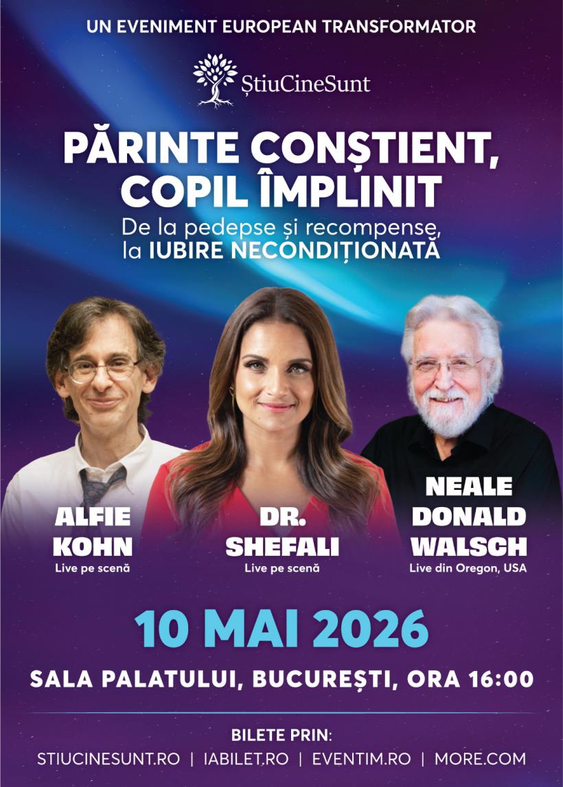 În premieră în România: trei dintre cele mai influente voci ale parentingului mondial, se vor reuni în luna mai la Sala Palatului, în conferința „PĂRINTE CONȘTIENT, COPIL ÎMPLINIT – De la pedepse și recompense la iubire necondiționată”