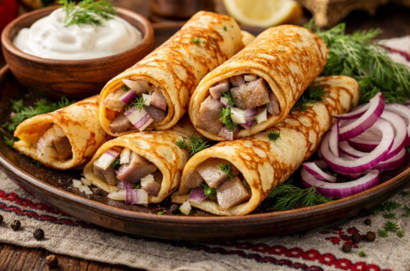 Clătite rusești cu hering și ceapă: tradiția care cucerește gurmanzii